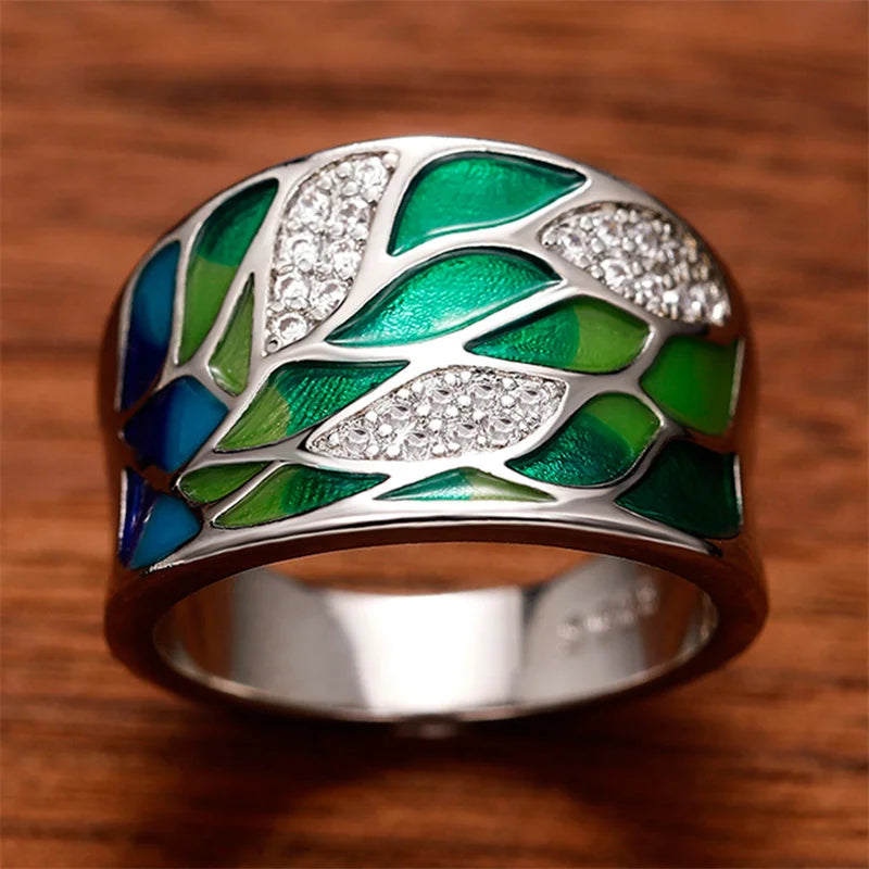 Bague Femme Email Feuillage Vert – Fait Main, Luxe et Élégance