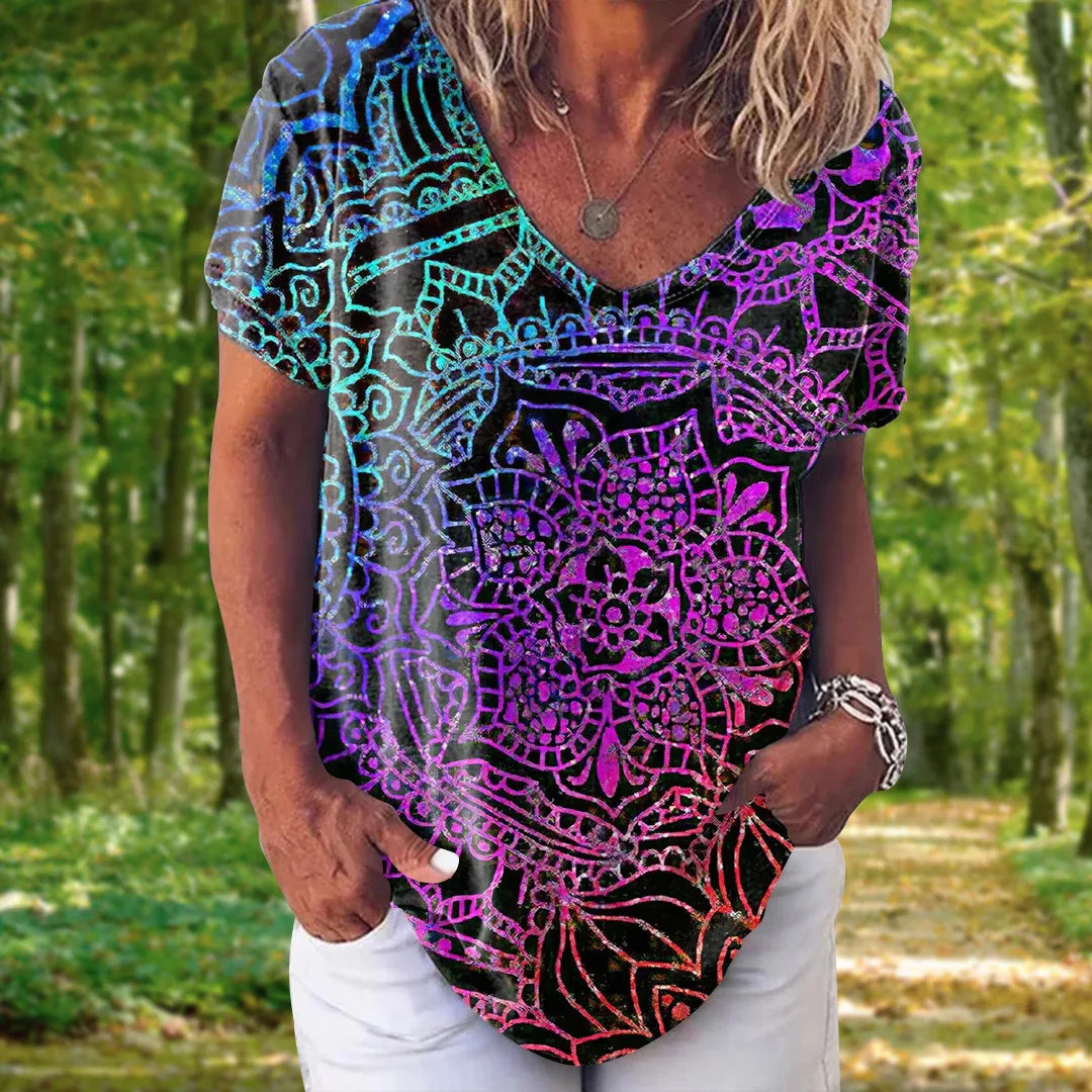 T-shirt Femme Col V Bohème - BABACOOL