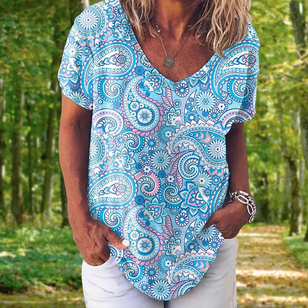 T-shirt Femme Col V Bohème - BABACOOL