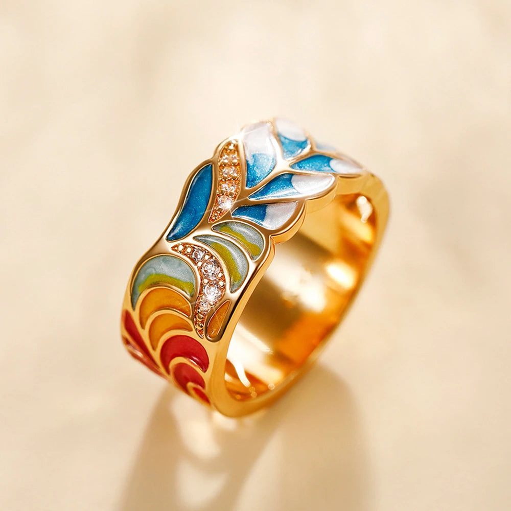 Bague Femme Email Feuillage Vert – Fait Main, Luxe et Élégance