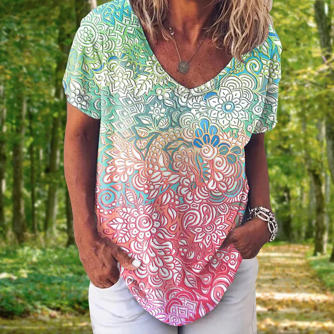 T-shirt Femme Col V Bohème - BABACOOL