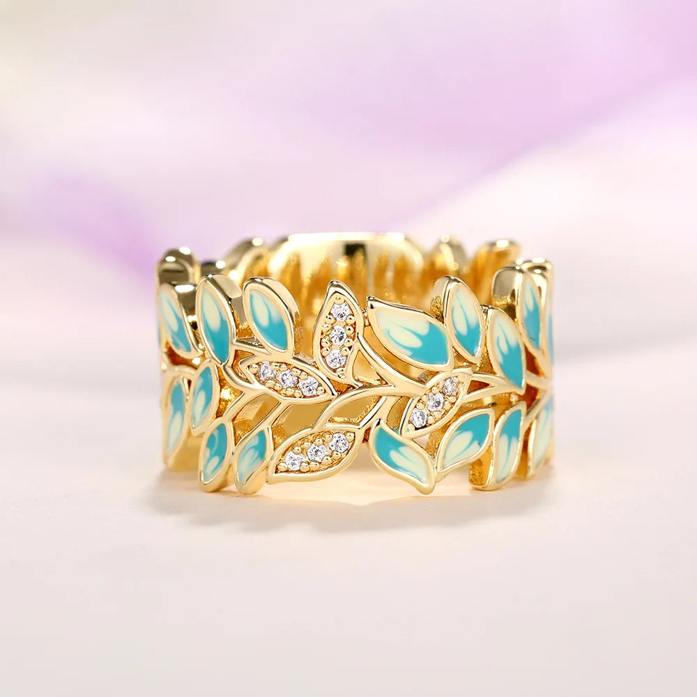 Bague Femme Email Feuillage Vert – Fait Main, Luxe et Élégance
