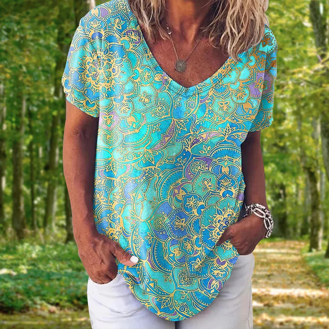 T-shirt Femme Col V Bohème - BABACOOL