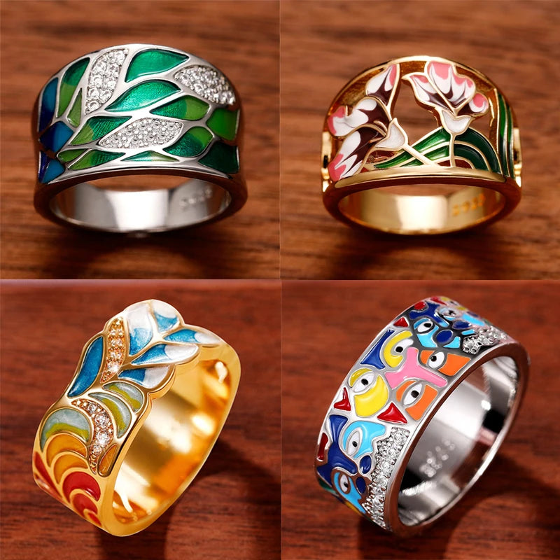 Bague Femme Email Feuillage Vert – Fait Main, Luxe et Élégance