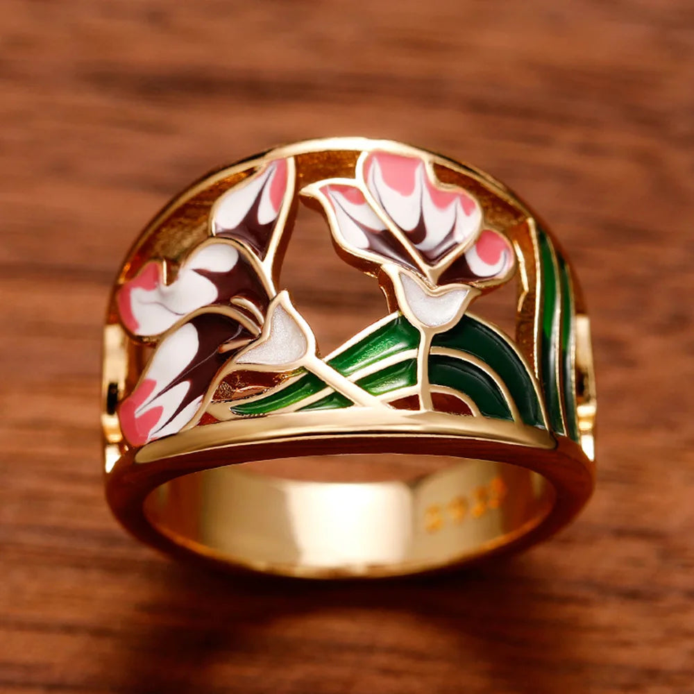 Bague Femme Email Feuillage Vert – Fait Main, Luxe et Élégance