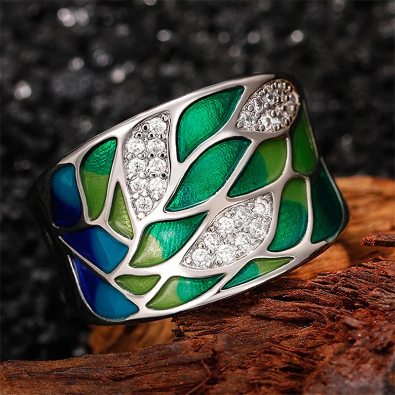 Bague Femme Email Feuillage Vert – Fait Main, Luxe et Élégance