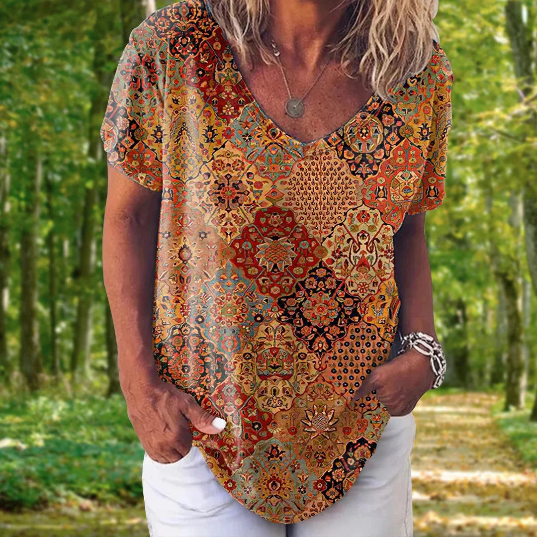 T-shirt Femme Col V Bohème - BABACOOL