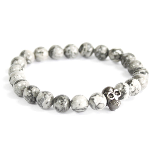 Bracelet Pierre Fine - Crâne Étain Agate Grise