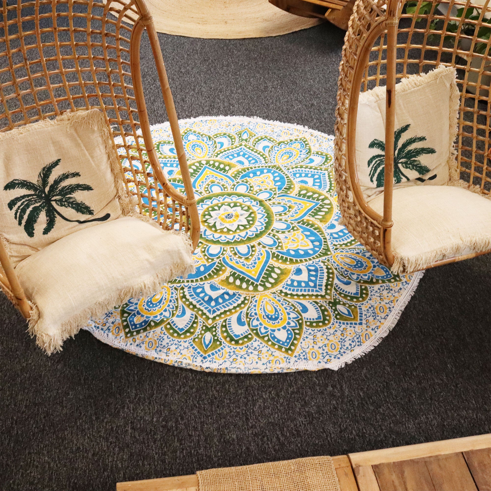 Grande tenture ronde mandala – Jaune &amp; Bleu