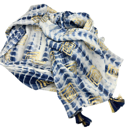 Paréo Tie-Dye Bleu avec Motifs Dorés