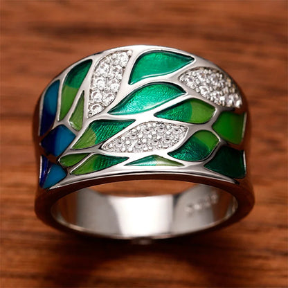Bague Femme Email Feuillage Vert – Fait Main, Luxe et Élégance
