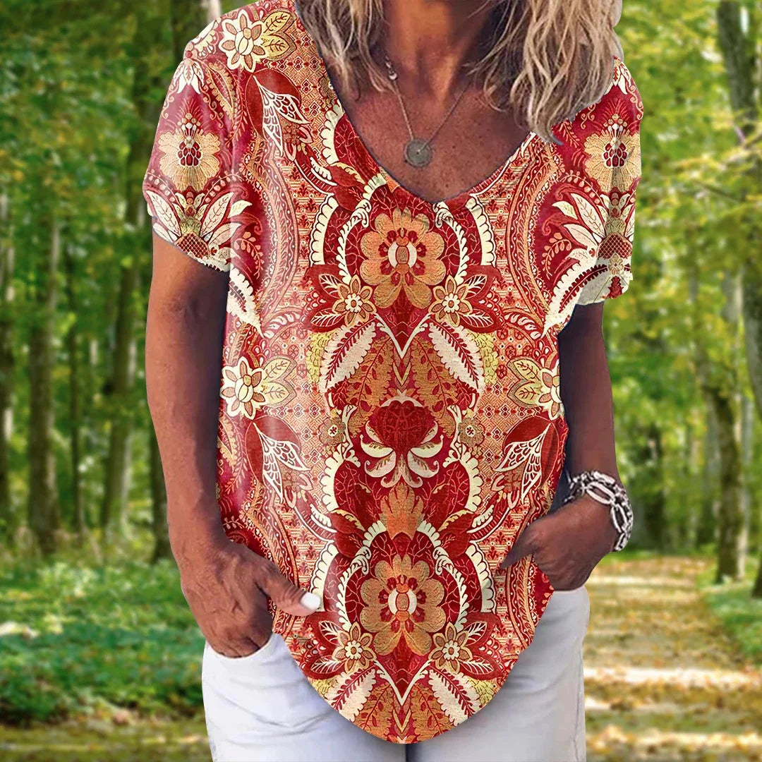 T-shirt Femme Col V Bohème - BABACOOL