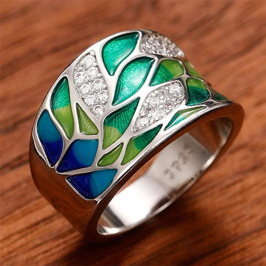 Bague Femme Email Feuillage Vert – Fait Main, Luxe et Élégance