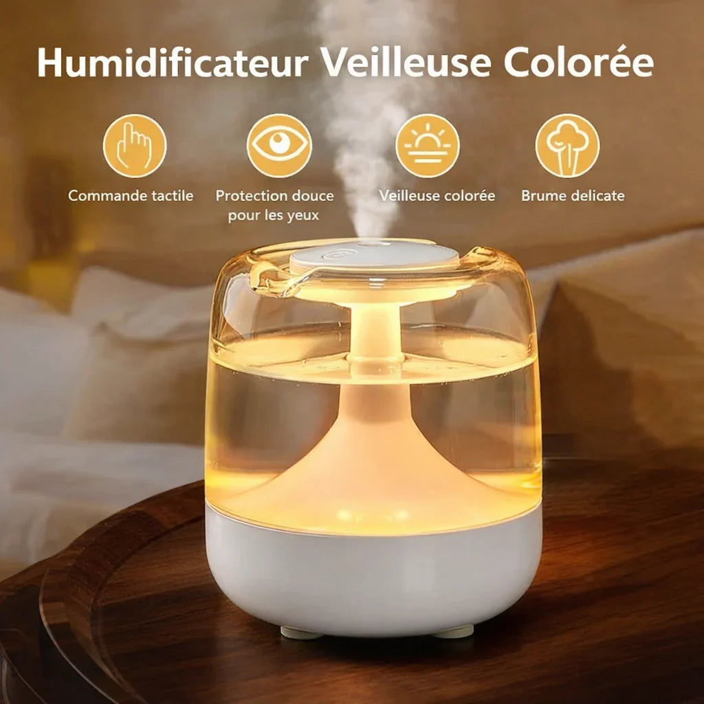 Humidificateur & Diffuseur d’Huiles Essentielles 650ML – Veilleuse LED Multicolore
